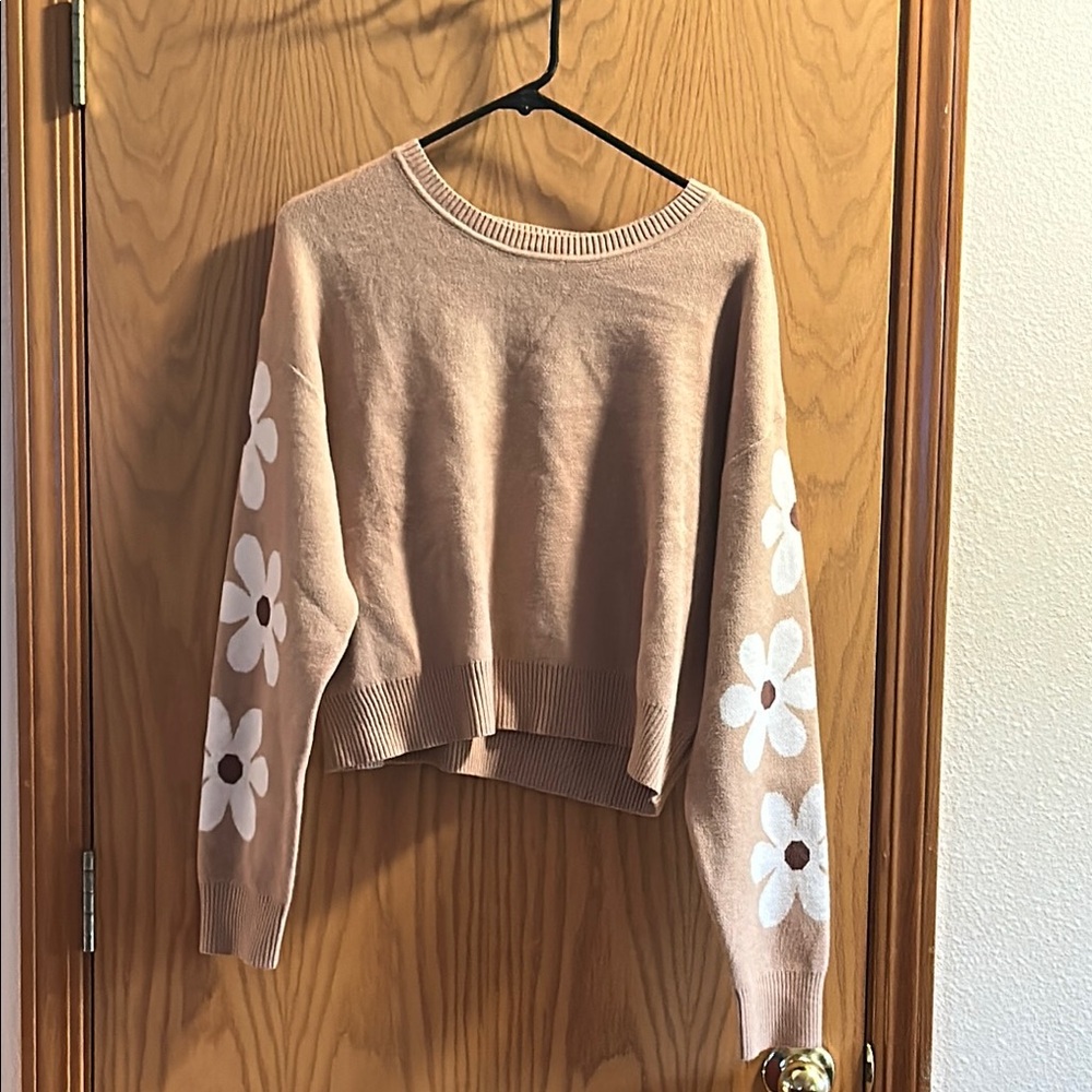 Love Tree Tan and White Crew Neck Sweater with floral sleeves